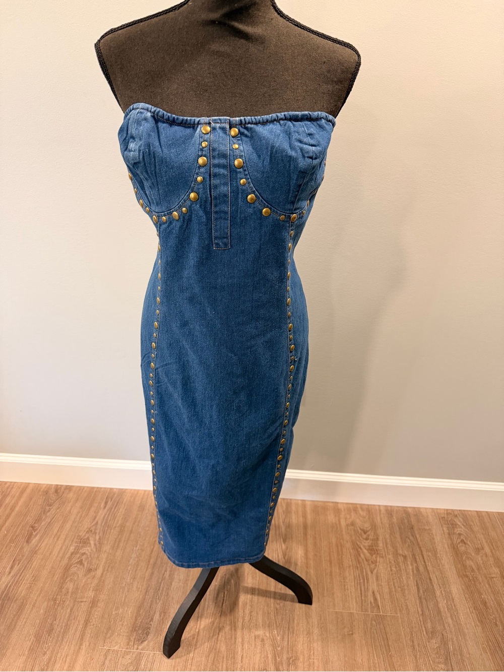 Strapless Blue Denim Studded Midi Dress 3x